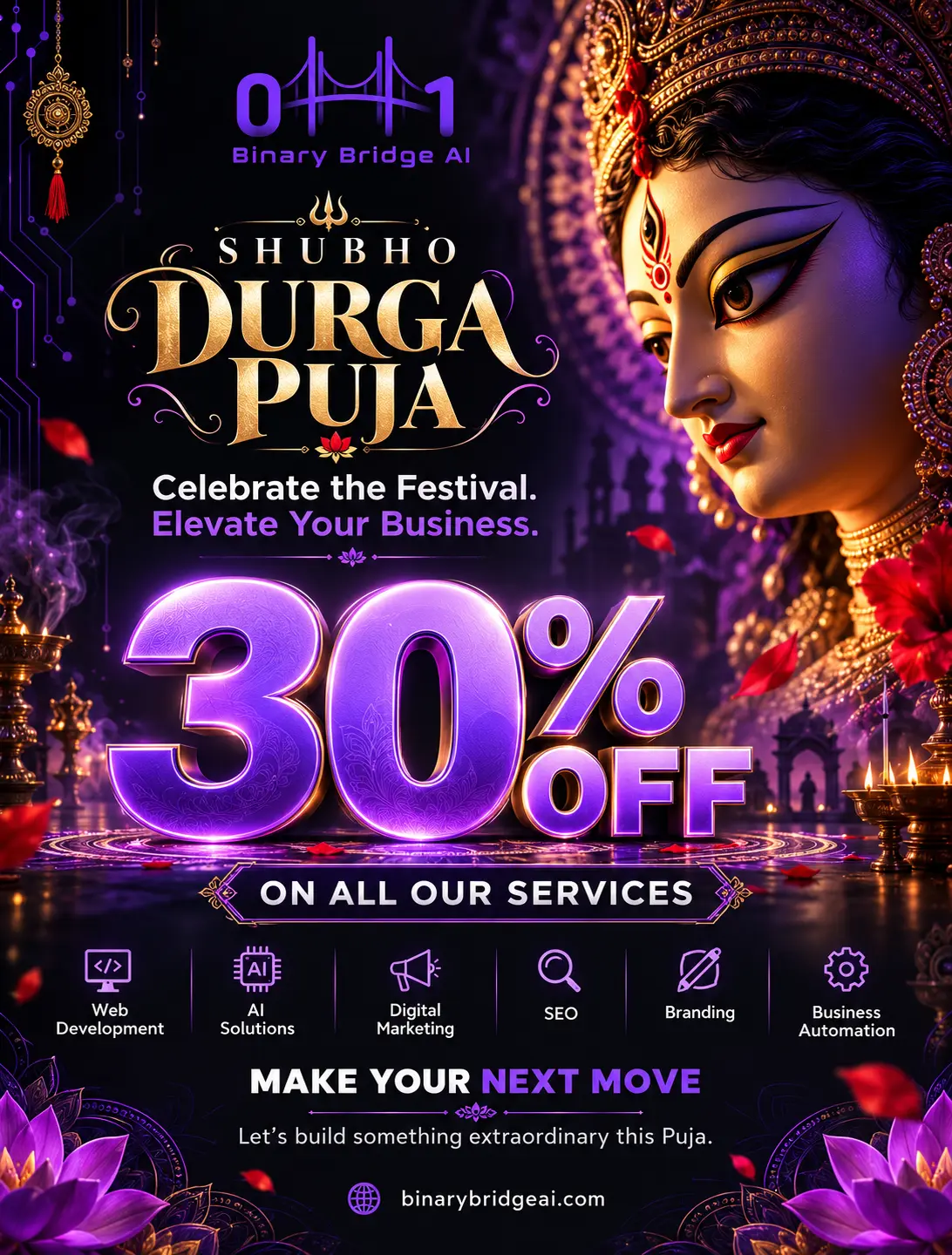 Shubho Durga Puja – 30% off on all Binary Bridge AI services including Web Development, AI Solutions, Digital Marketing, SEO, Branding, and Business Automation